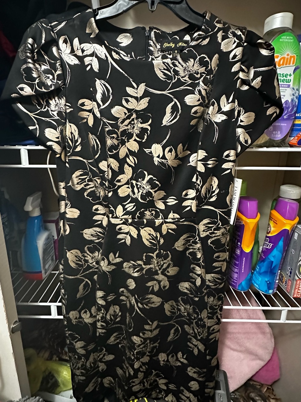 Shelby Nites Black and Gold Floral Midi Sheath Dress